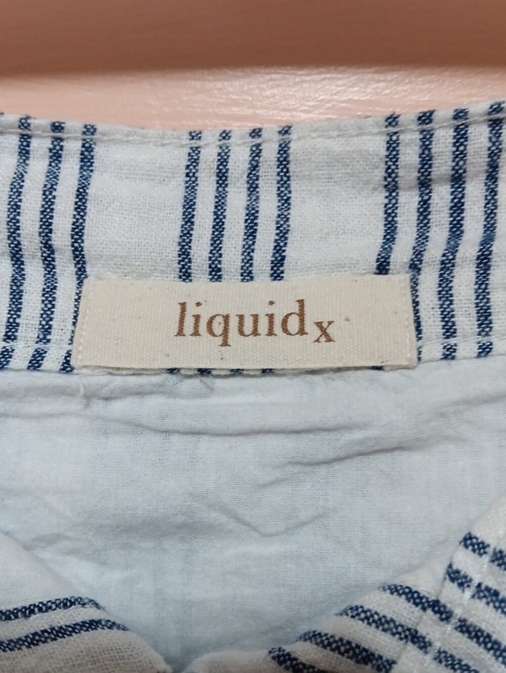 Liquid X Linen Blend Button-Front Blue & White Striped Lined Midi Skirt - Picture 2 of 3